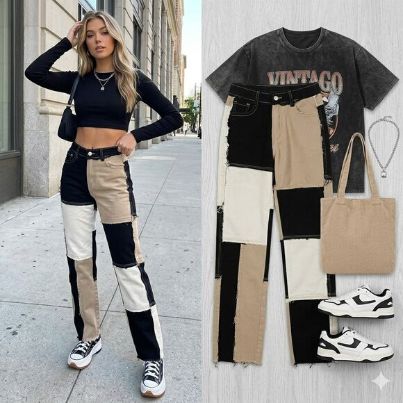 Denim - Y2K Patchwork Neutral Colorblock Straight Leg Jeans - Size X-Small XS